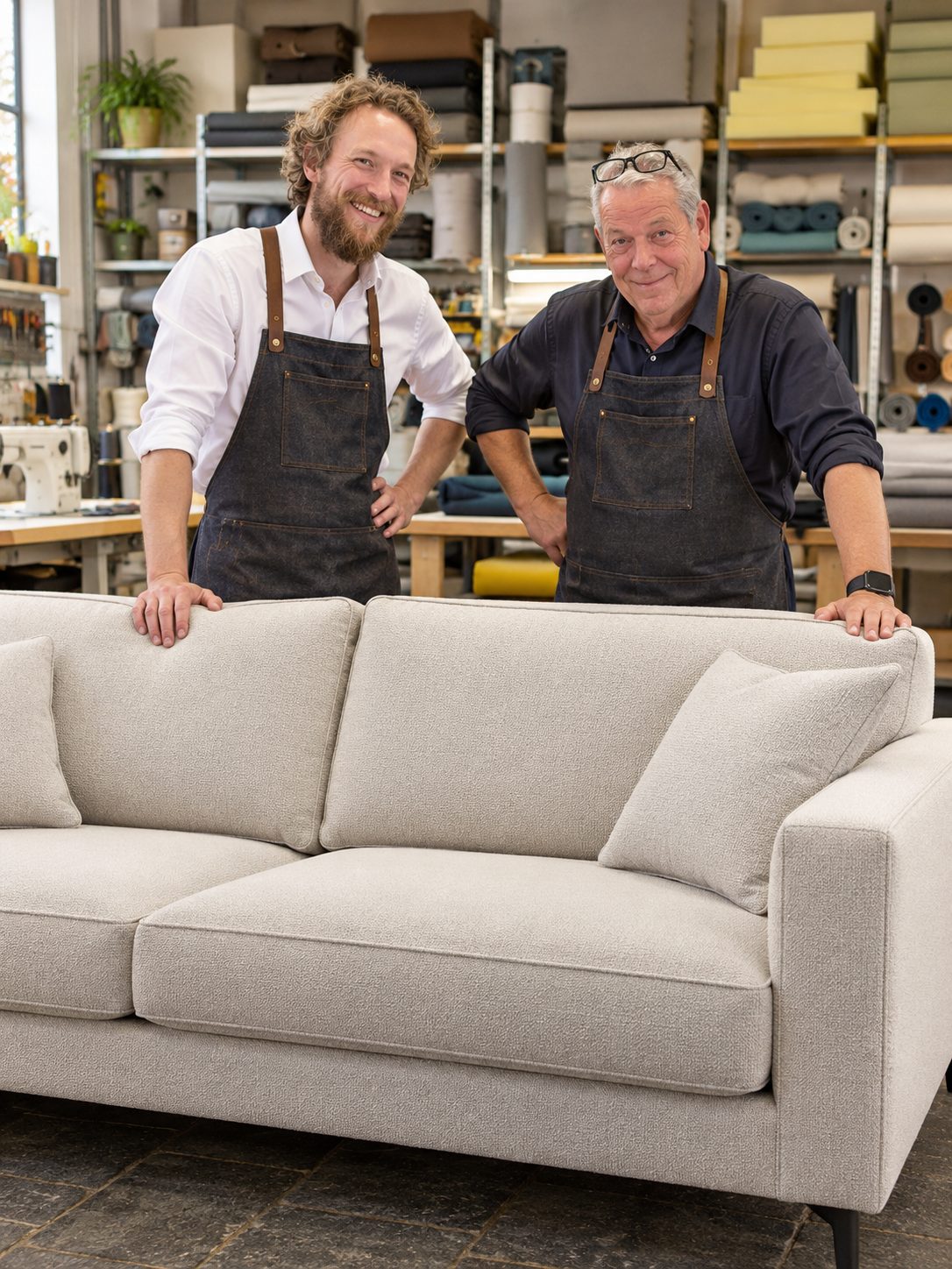 Twee stoffeerders van Zitnova bij een nieuw gestoffeerde bank in hun atelier